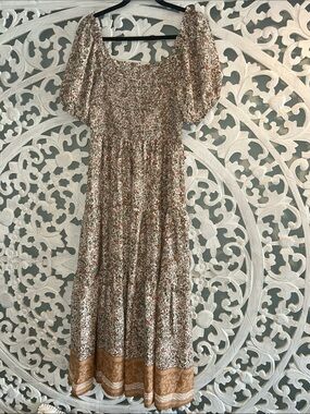Floral Puff-Sleeve Maxi Dress in Cream & Brown